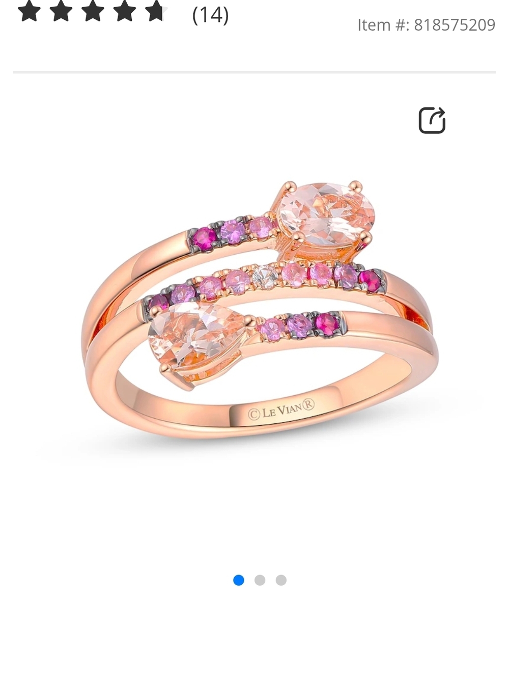 Le Vian Rose Gold Pink and Peach Sapphire Double Row Ring Size 6